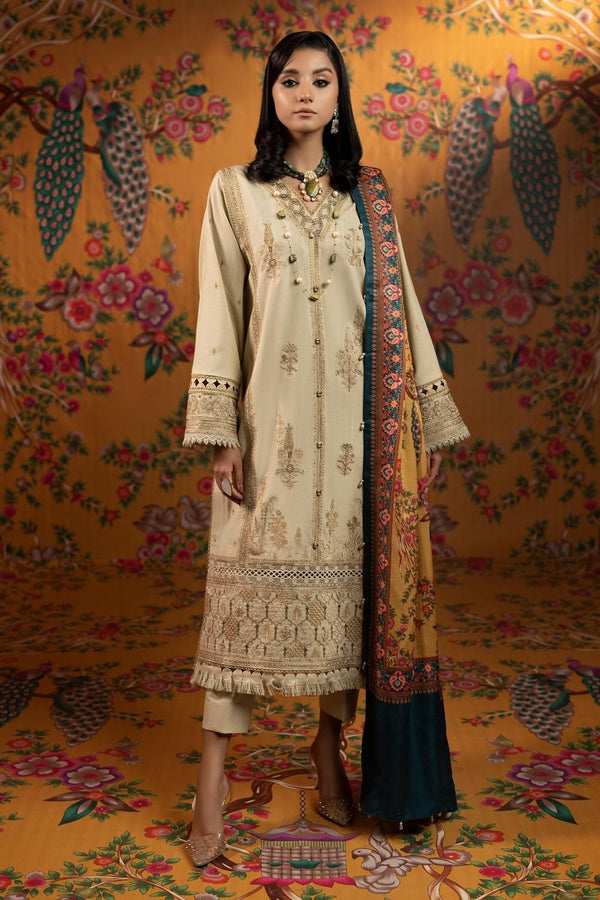 3PC Unstitched | Embroidered Khaddar Shirt+ Printed Twill Shawl+ Trouser