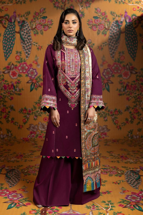 3PC Unstitched | Embroidered Khaddar Shirt+ Printed Twill Shawl+ Trouser