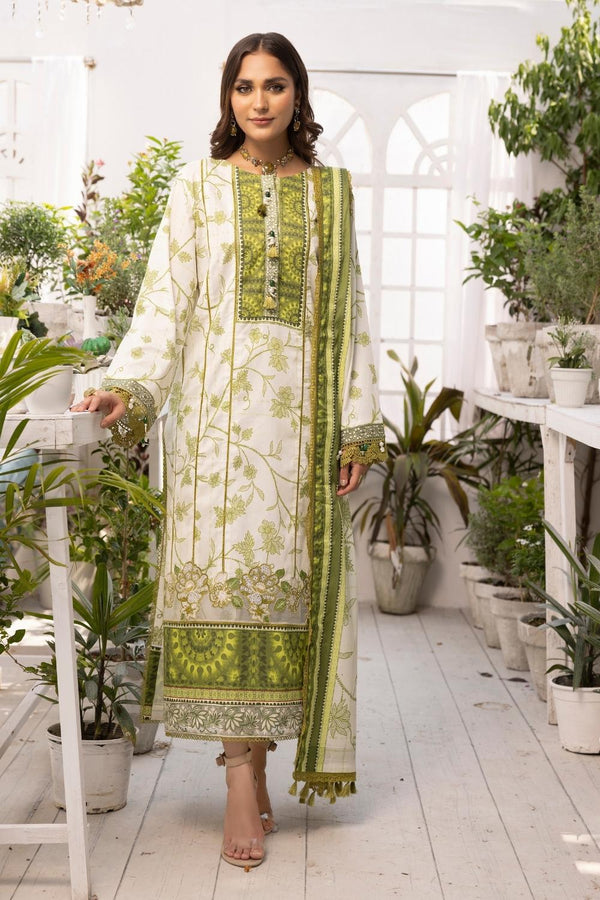 3PC Unstitched | Embroidered Lawn Shirt + Voile Dupatta + CambricTrouser