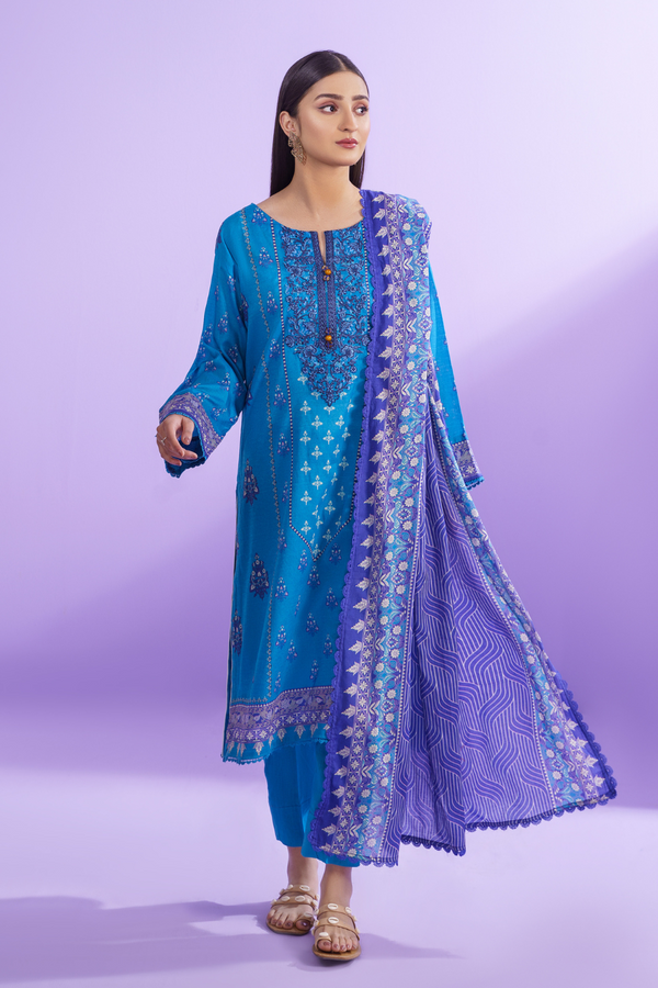a woman wearing a Ittehad blue embroidered salwar suit and dupatta.	