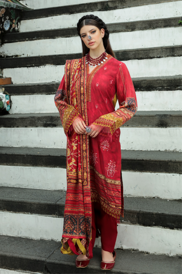 3 PC Unstitched | Embroidered Suit + Shawl