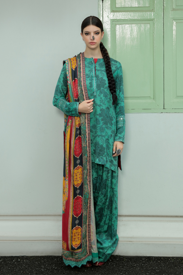 3 PC Unstitched | Embroidered Suit + Shawl
