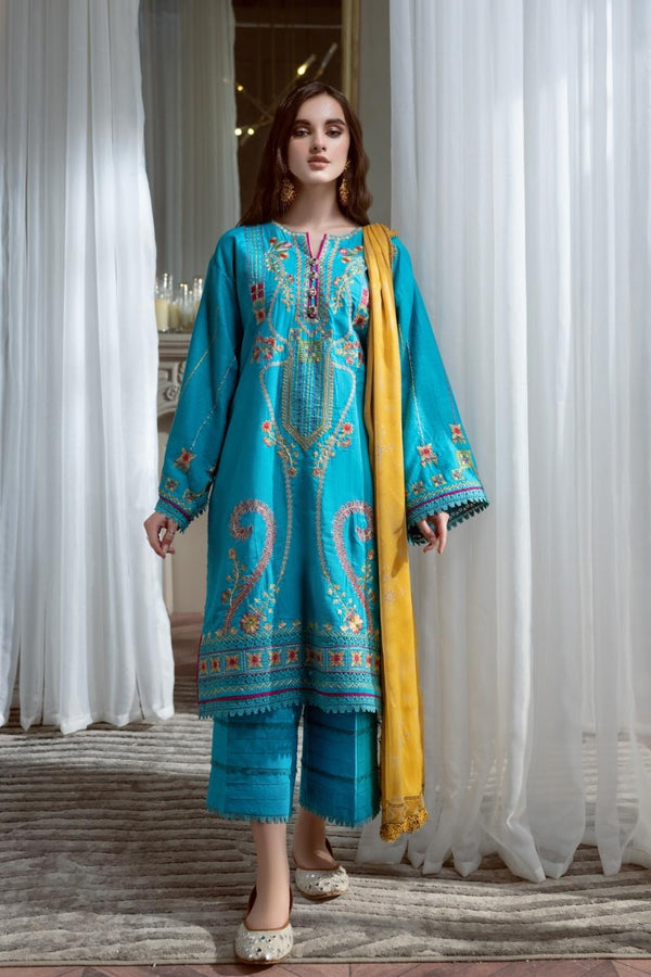 3PC Unstitched Embroidered Lawn Shirt | Chiffon Digital Printed Dupatta | Cambric Dyed Trouser