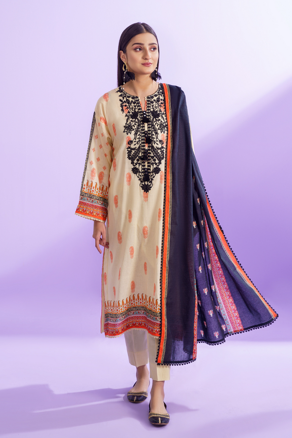 3PC Unstitched | Embroidered Lawn Shirt + Dupatta + Dyed Trouser